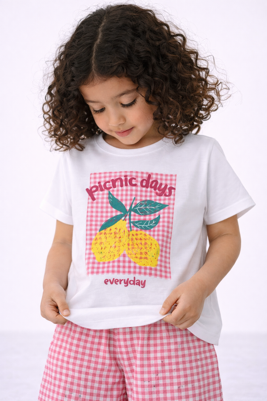 Girls’ Pajama Set “ Œpicnic Day” Graphic T-Shirt & Gingham Shorts