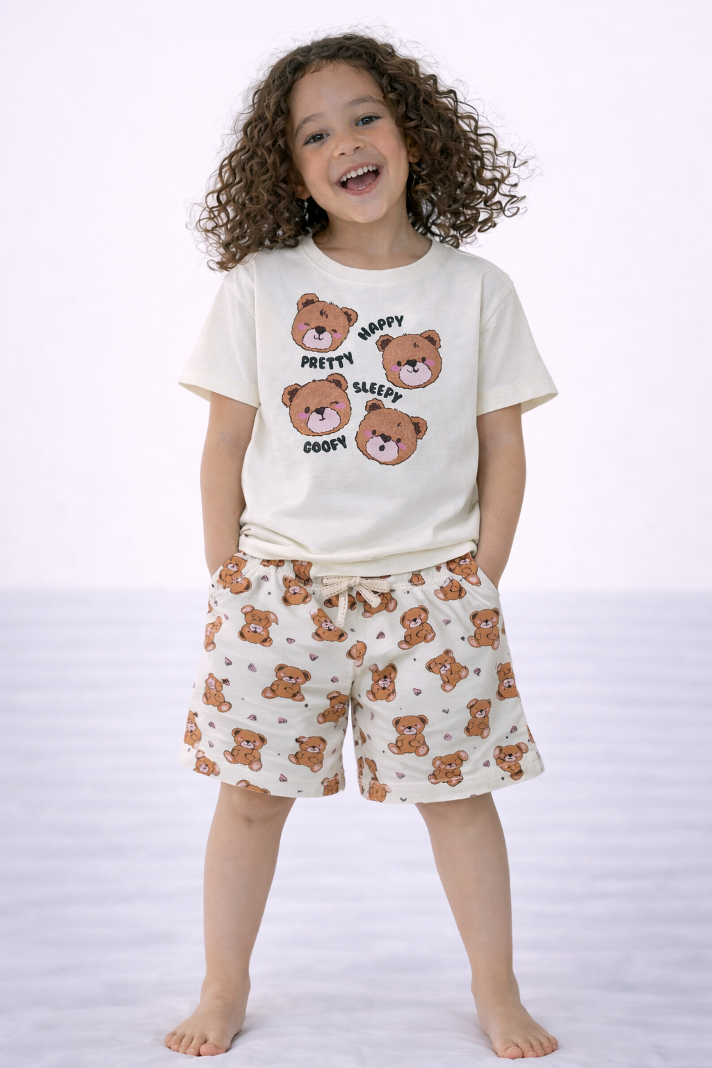 Girls’ Pajama Set “ Teddy Faces Graphic T-Shirt & All-Over Print Shorts