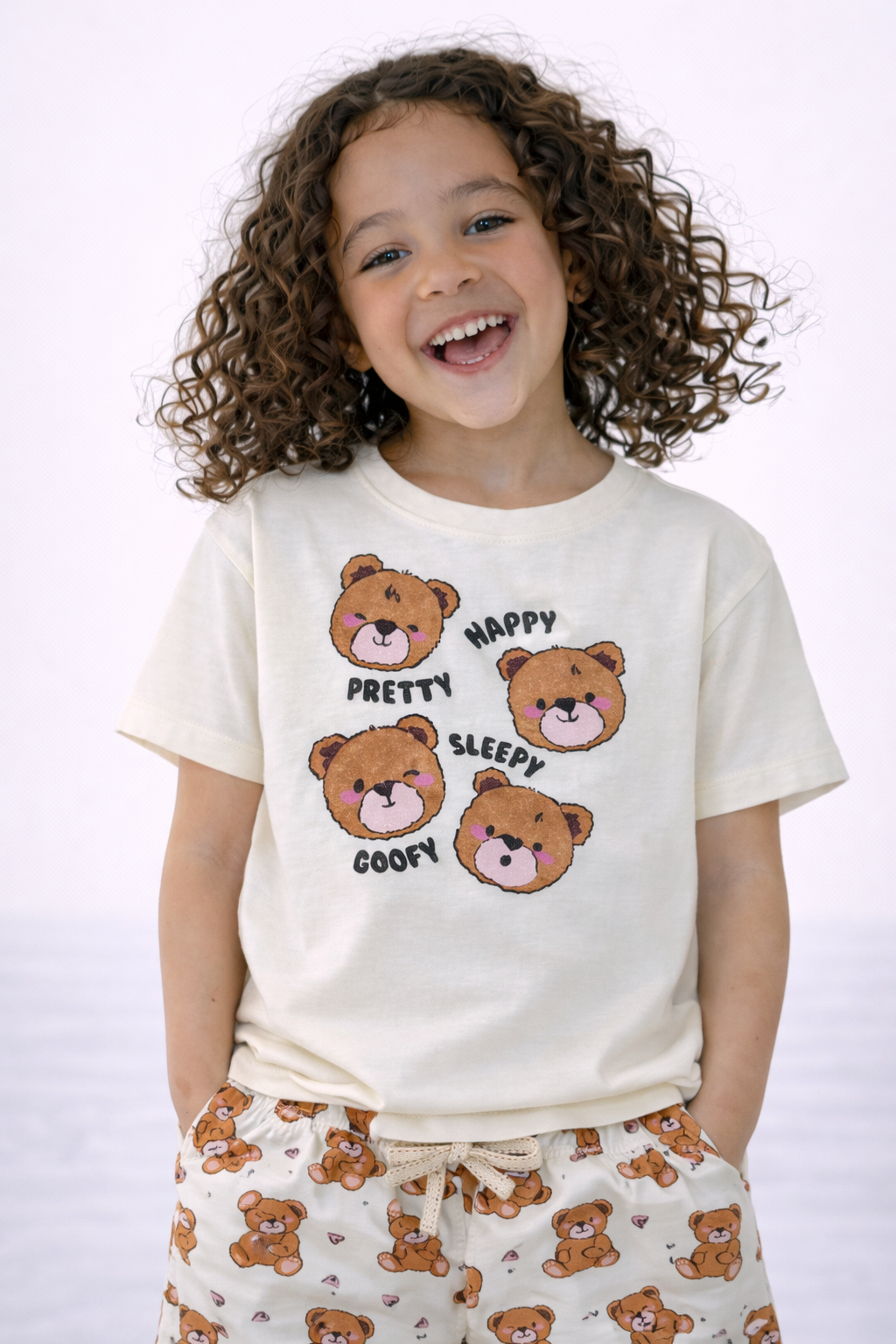 Girls’ Pajama Set “ Teddy Faces Graphic T-Shirt & All-Over Print Shorts