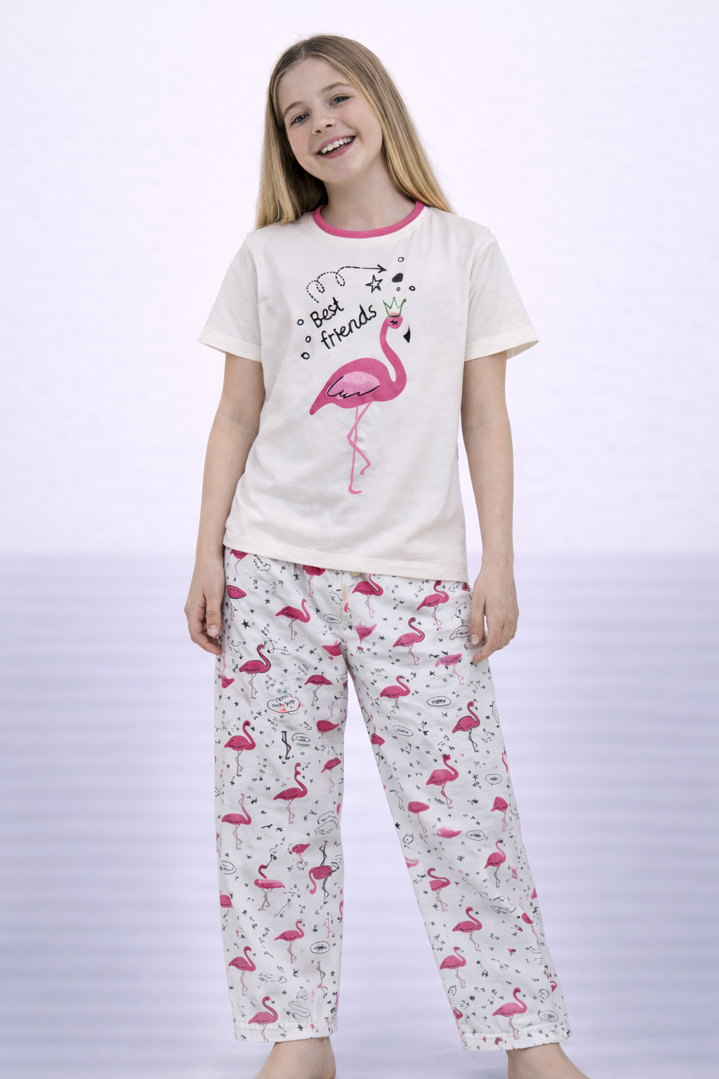 Girls’ Pajama Set “ Flamingo Graphic T-Shirt & Printed Pants