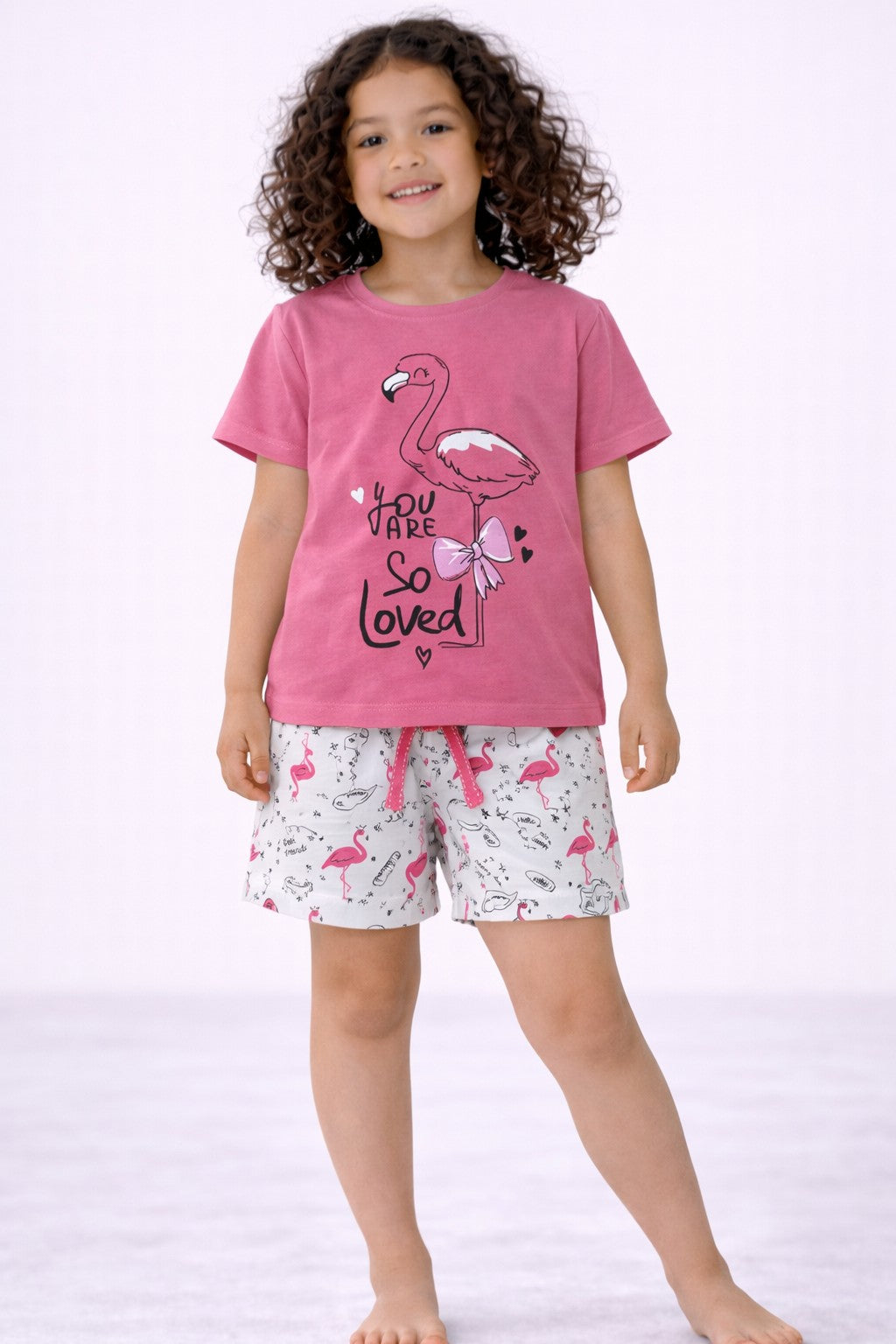 Girls’ Pajama Set “ Flamingo Œyou Are Loved” T-Shirt & Printed Shorts
