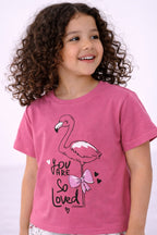 Girls’ Pajama Set “ Flamingo Œyou Are Loved” T-Shirt & Printed Shorts