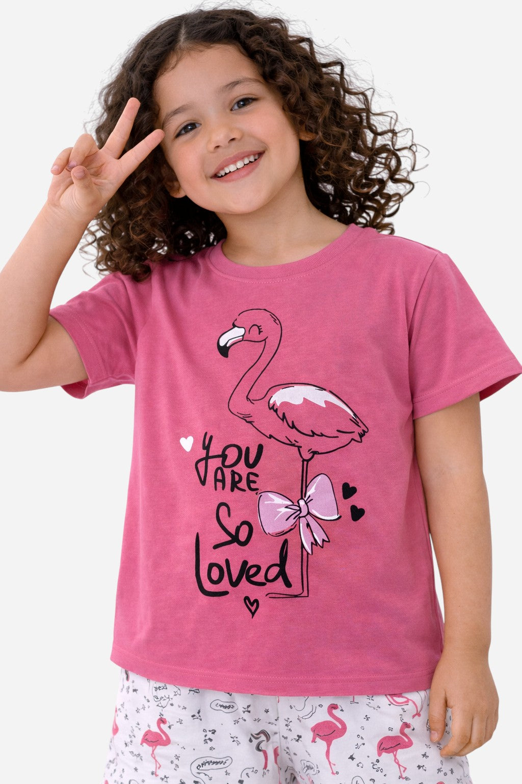 Girls’ Pajama Set “ Flamingo Œyou Are Loved” T-Shirt & Printed Shorts