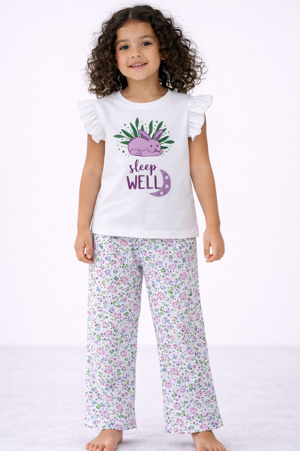 Girls’ Pajama Set “ Œsleep Well” Frill Sleeve Top & Floral Print Pants