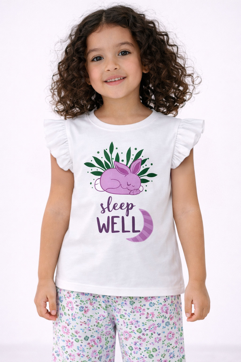 Girls’ Pajama Set “ Œsleep Well” Frill Sleeve Top & Floral Print Pants