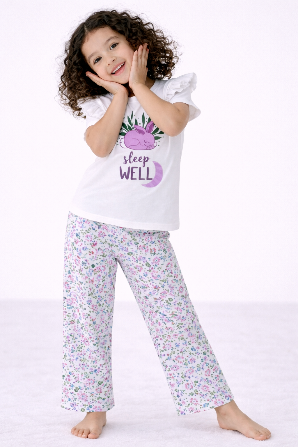 Girls’ Pajama Set “ Œsleep Well” Frill Sleeve Top & Floral Print Pants