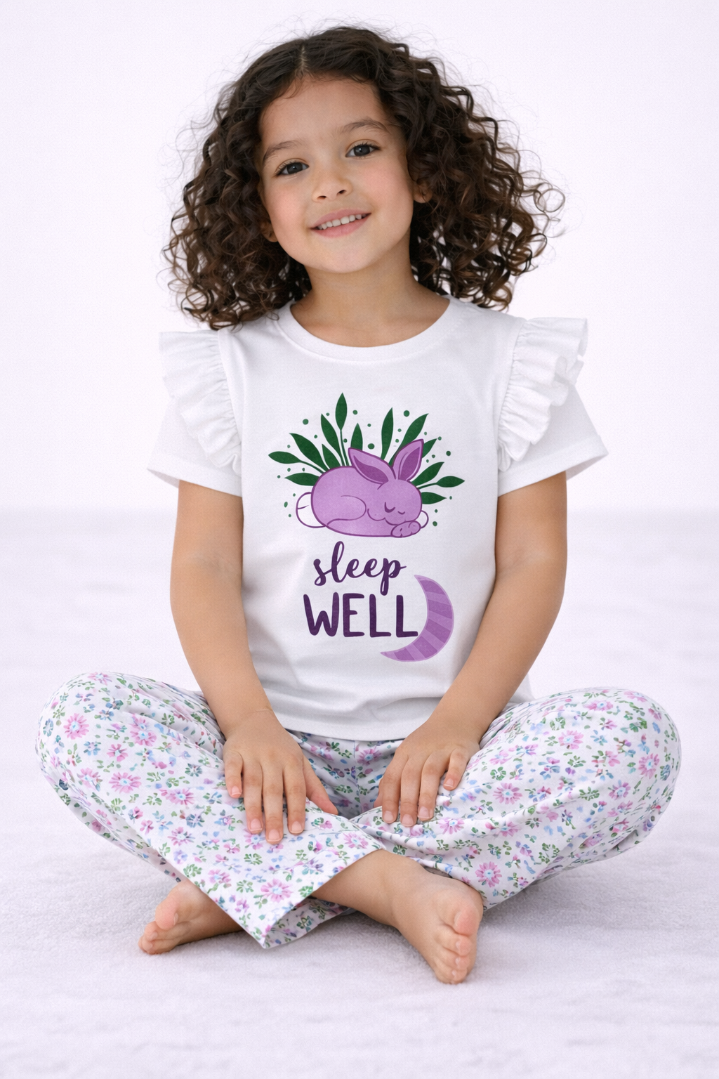 Girls’ Pajama Set “ Œsleep Well” Frill Sleeve Top & Floral Print Pants