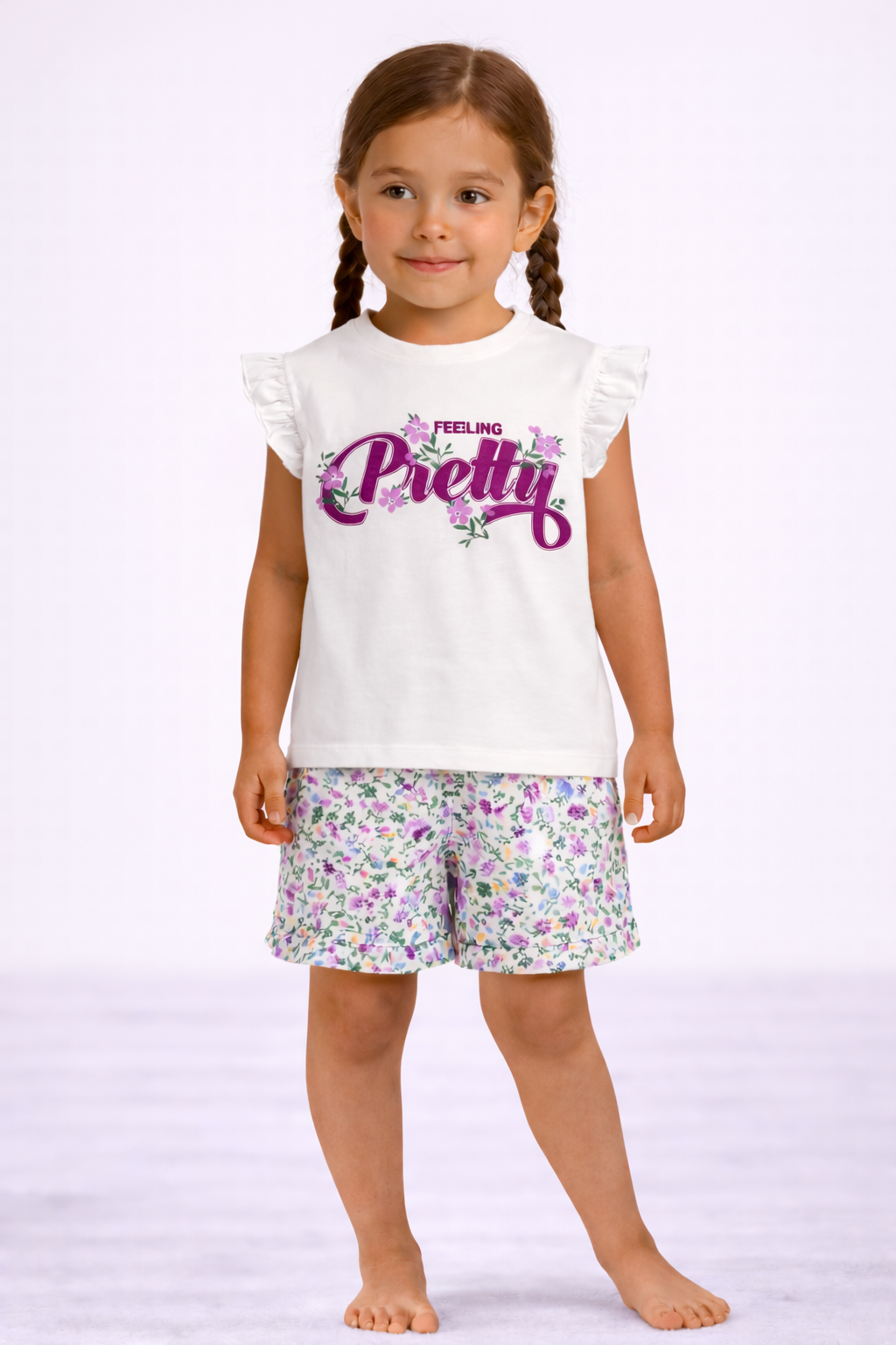 Girls’ Pajama Set “ Œfeeling Pretty” Frill Sleeve Top & Floral Shorts
