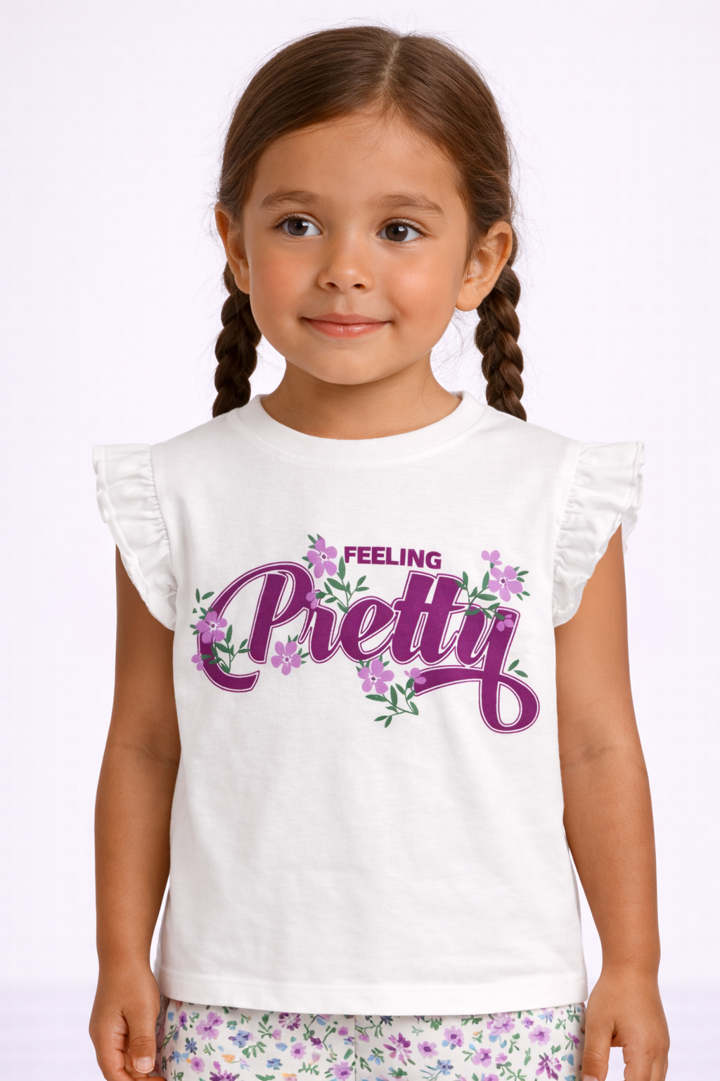 Girls’ Pajama Set “ Œfeeling Pretty” Frill Sleeve Top & Floral Shorts