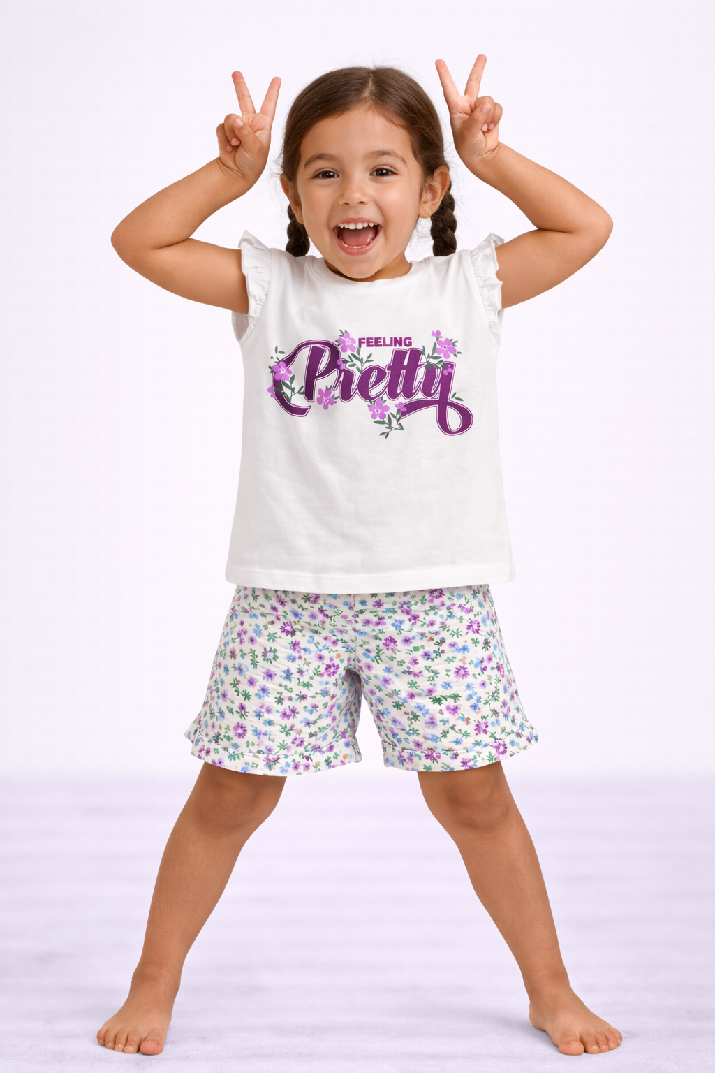 Girls’ Pajama Set “ Œfeeling Pretty” Frill Sleeve Top & Floral Shorts