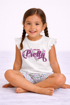 Girls’ Pajama Set “ Œfeeling Pretty” Frill Sleeve Top & Floral Shorts