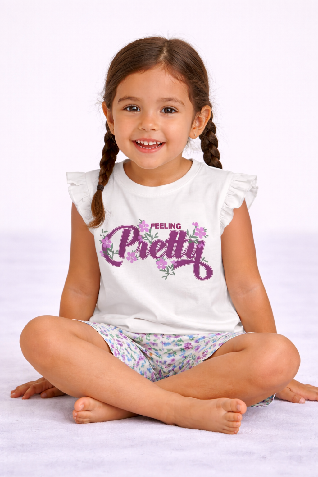 Girls’ Pajama Set “ Œfeeling Pretty” Frill Sleeve Top & Floral Shorts