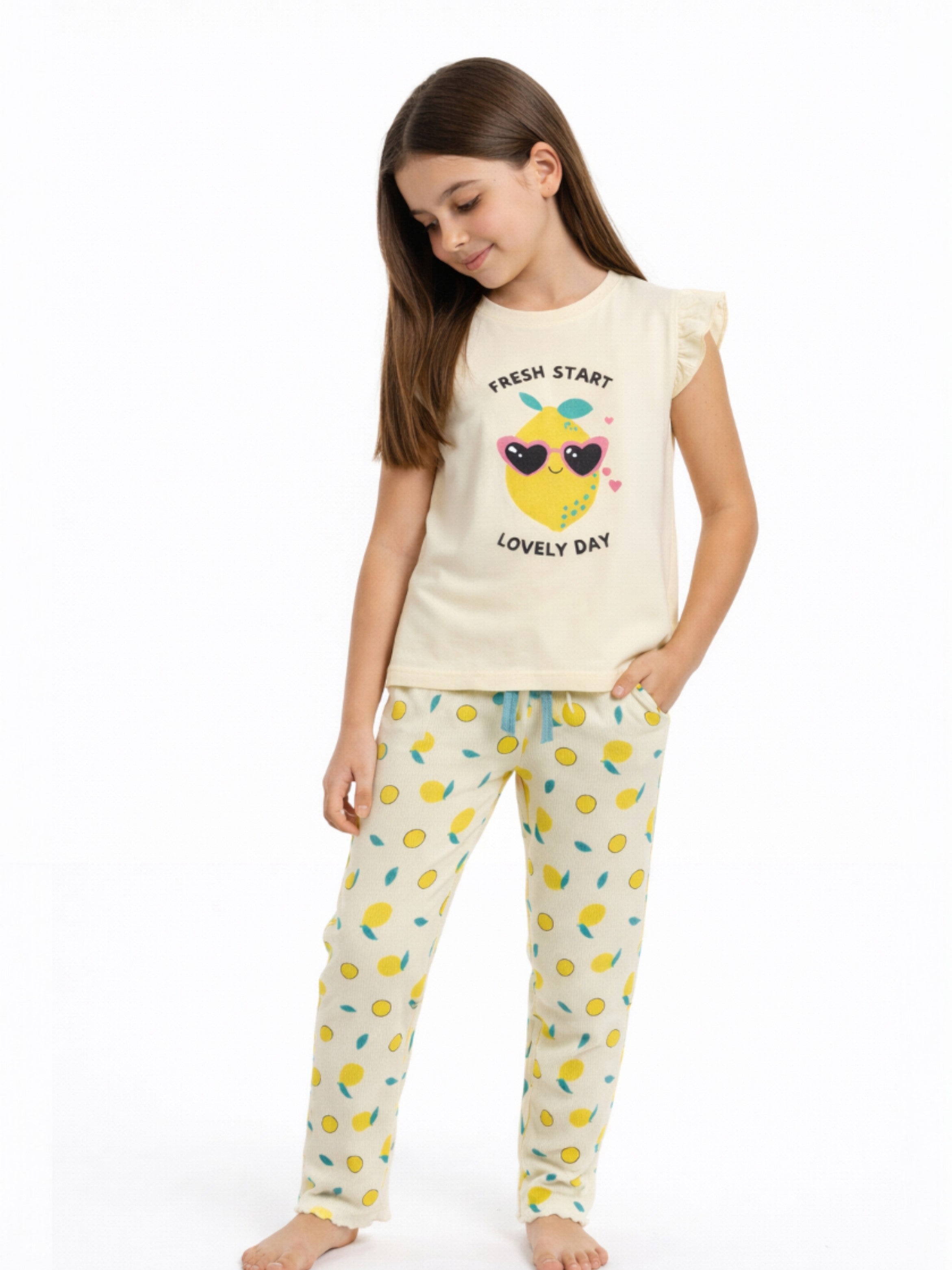 Girls’ Pajama Set “ Œhello Summer” Frill Sleeve Top & Lemon Print Pants