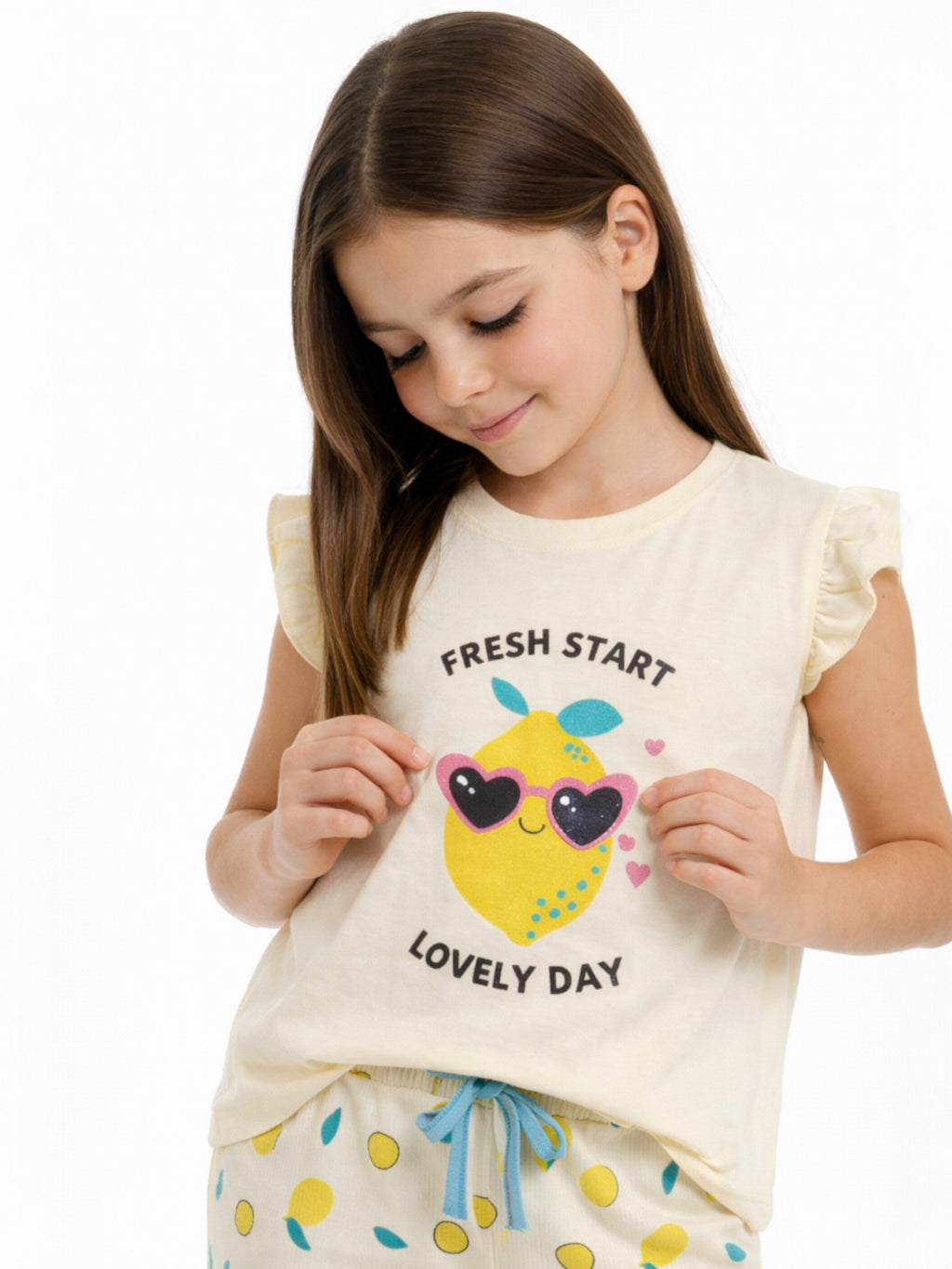 Girls’ Pajama Set “ Œhello Summer” Frill Sleeve Top & Lemon Print Pants