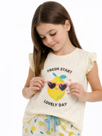 Girls’ Pajama Set “ Œhello Summer” Frill Sleeve Top & Lemon Print Pants