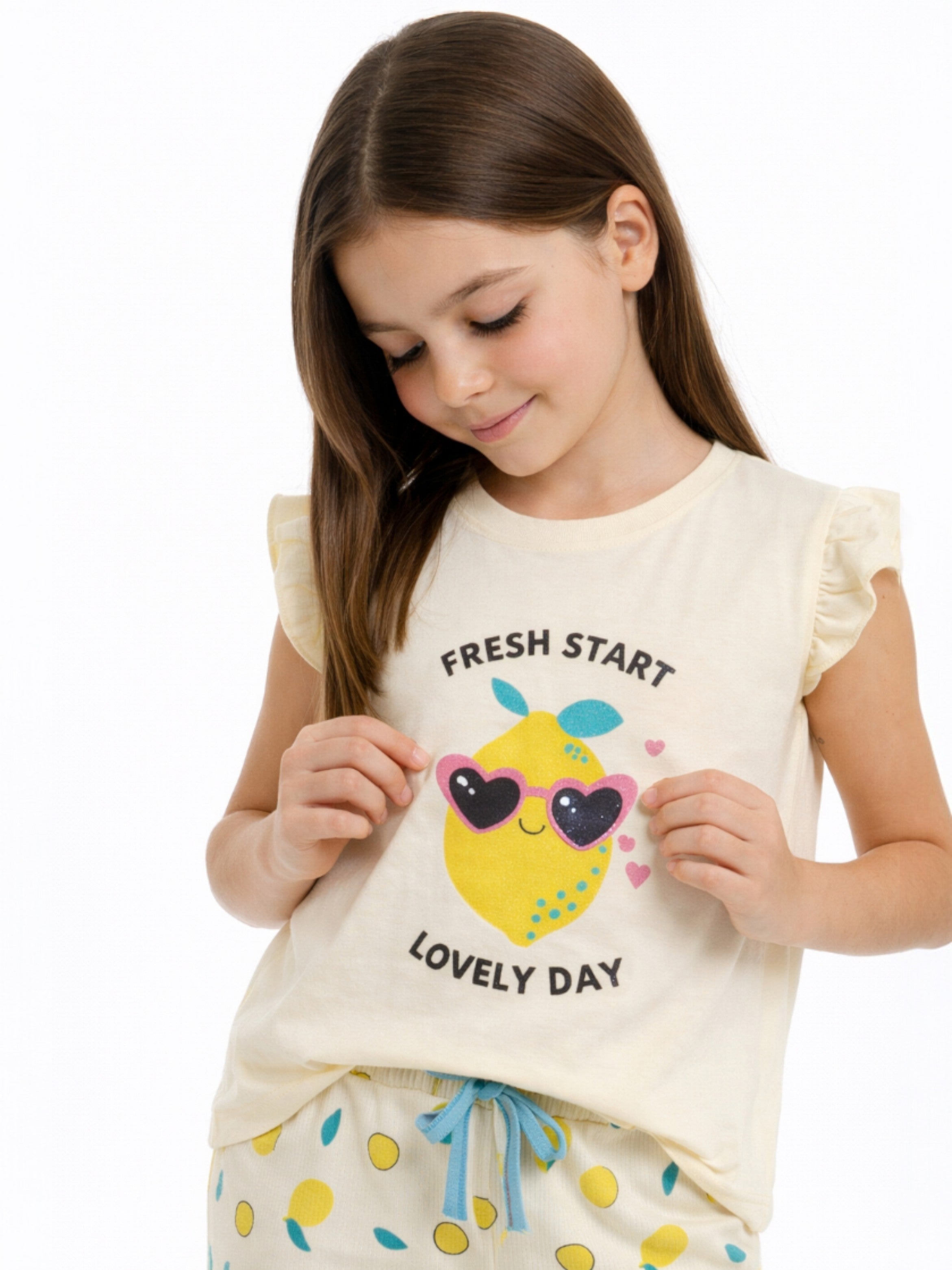 Girls’ Pajama Set “ Œhello Summer” Frill Sleeve Top & Lemon Print Pants
