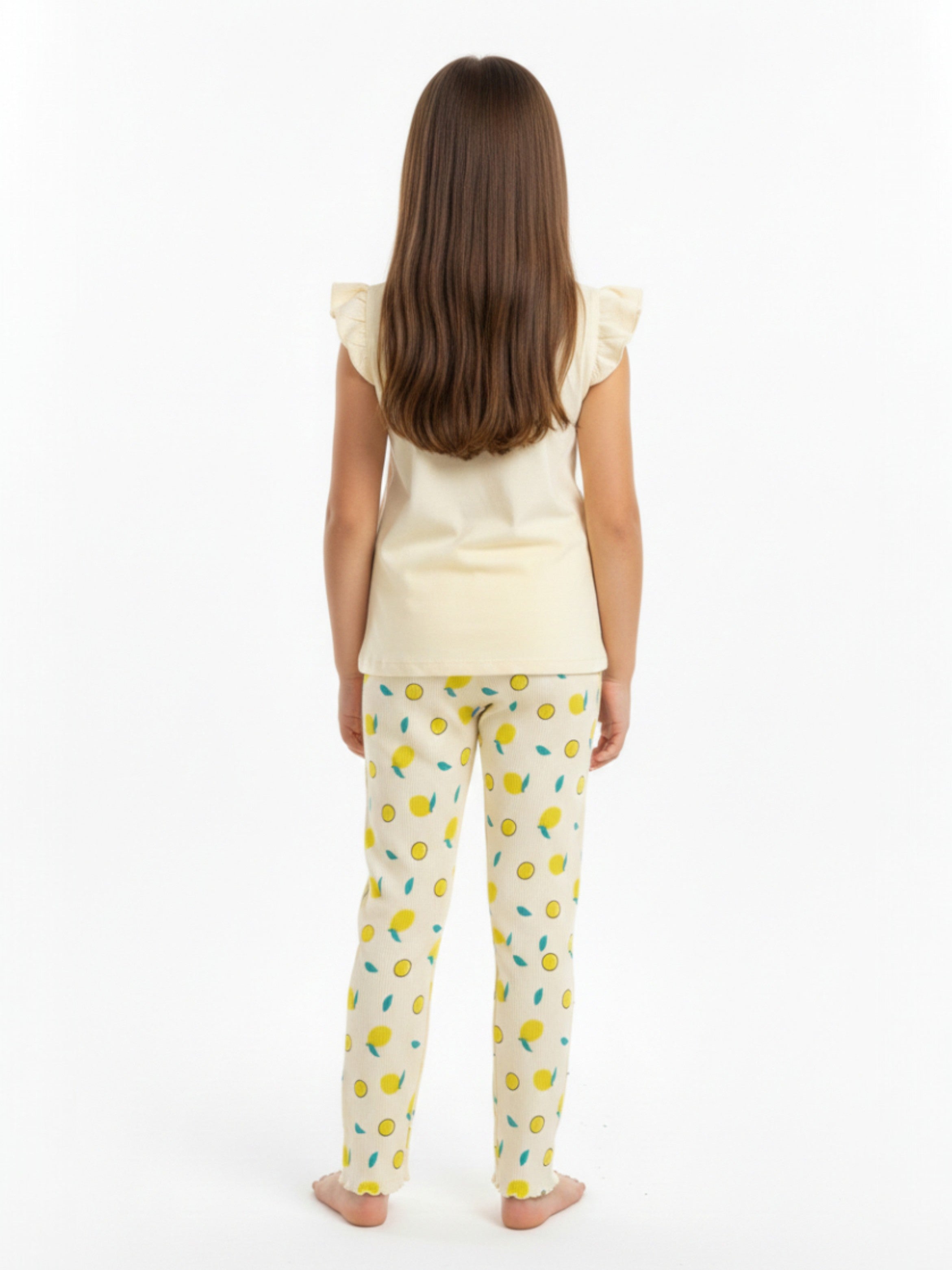 Girls’ Pajama Set “ Œhello Summer” Frill Sleeve Top & Lemon Print Pants