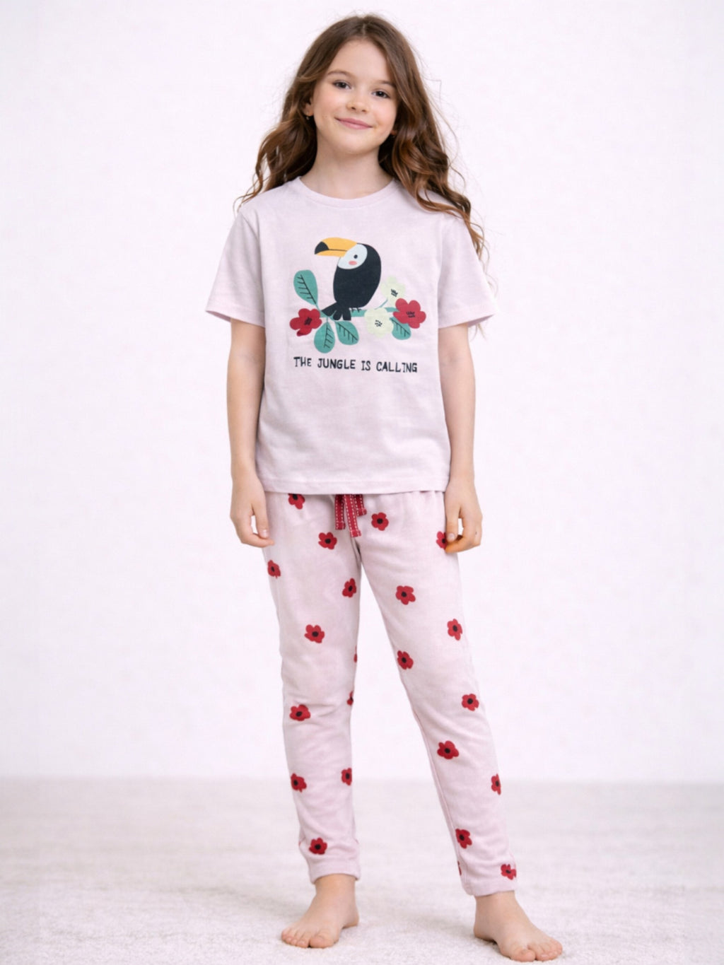 Girls’ Pajama Set “ Toucan Graphic T-Shirt & Heart Print Pants