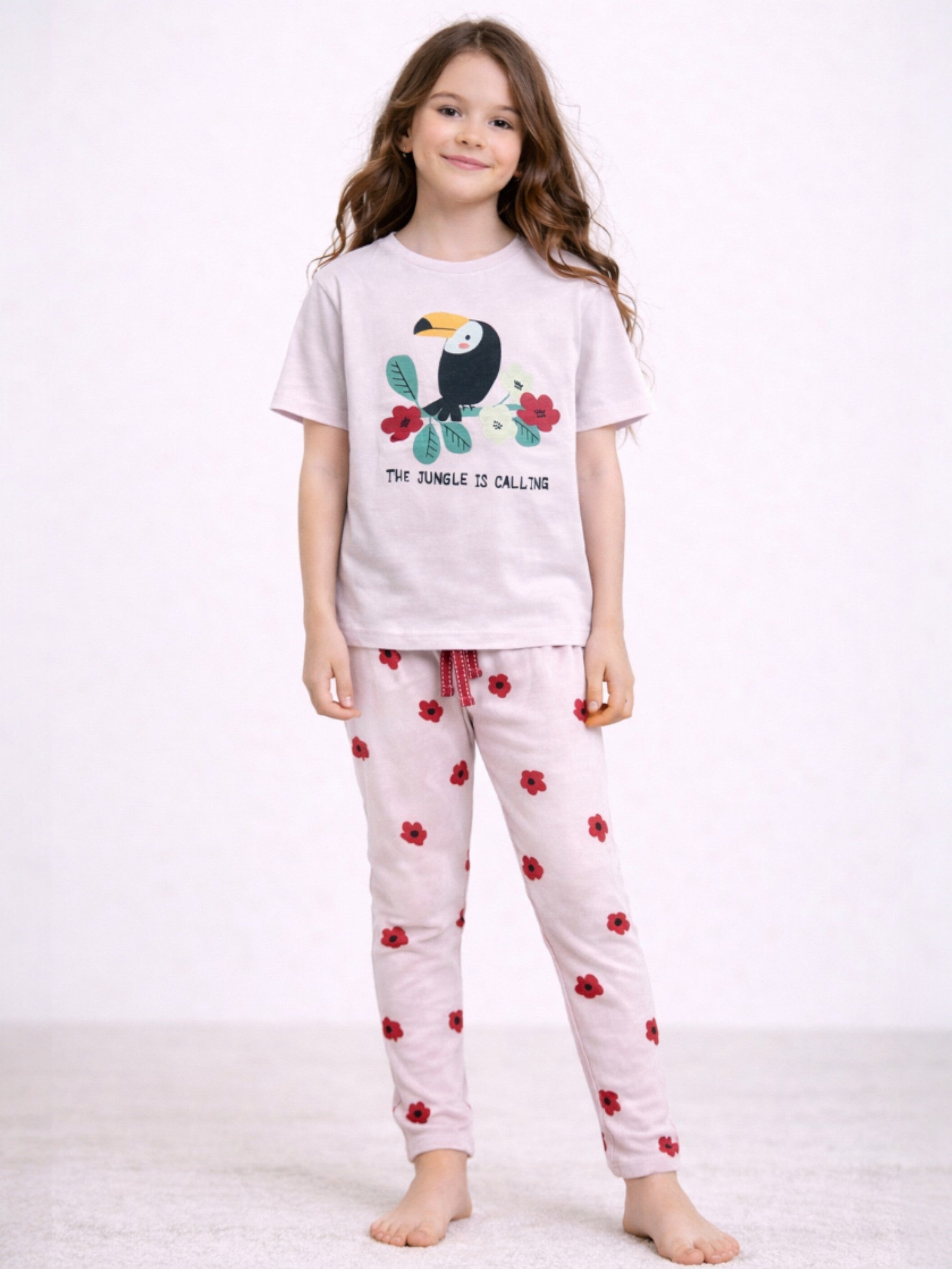 Girls’ Pajama Set “ Toucan Graphic T-Shirt & Heart Print Pants