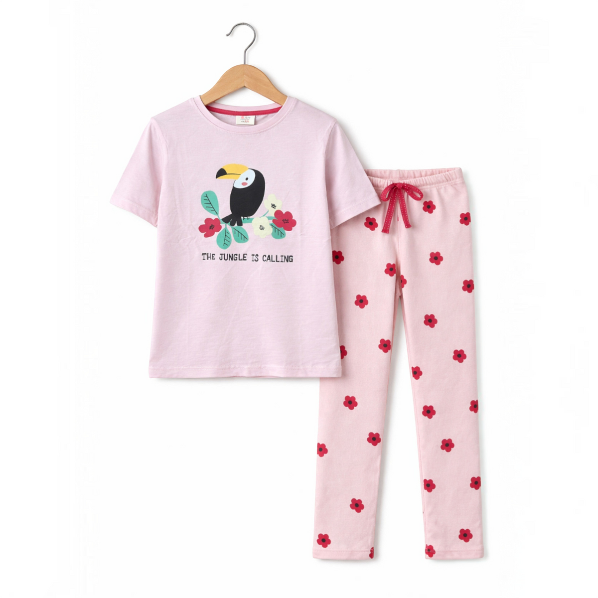 victor and jane girls light pink cotton t-shirt and leggings set with toucan graphic and red flower print