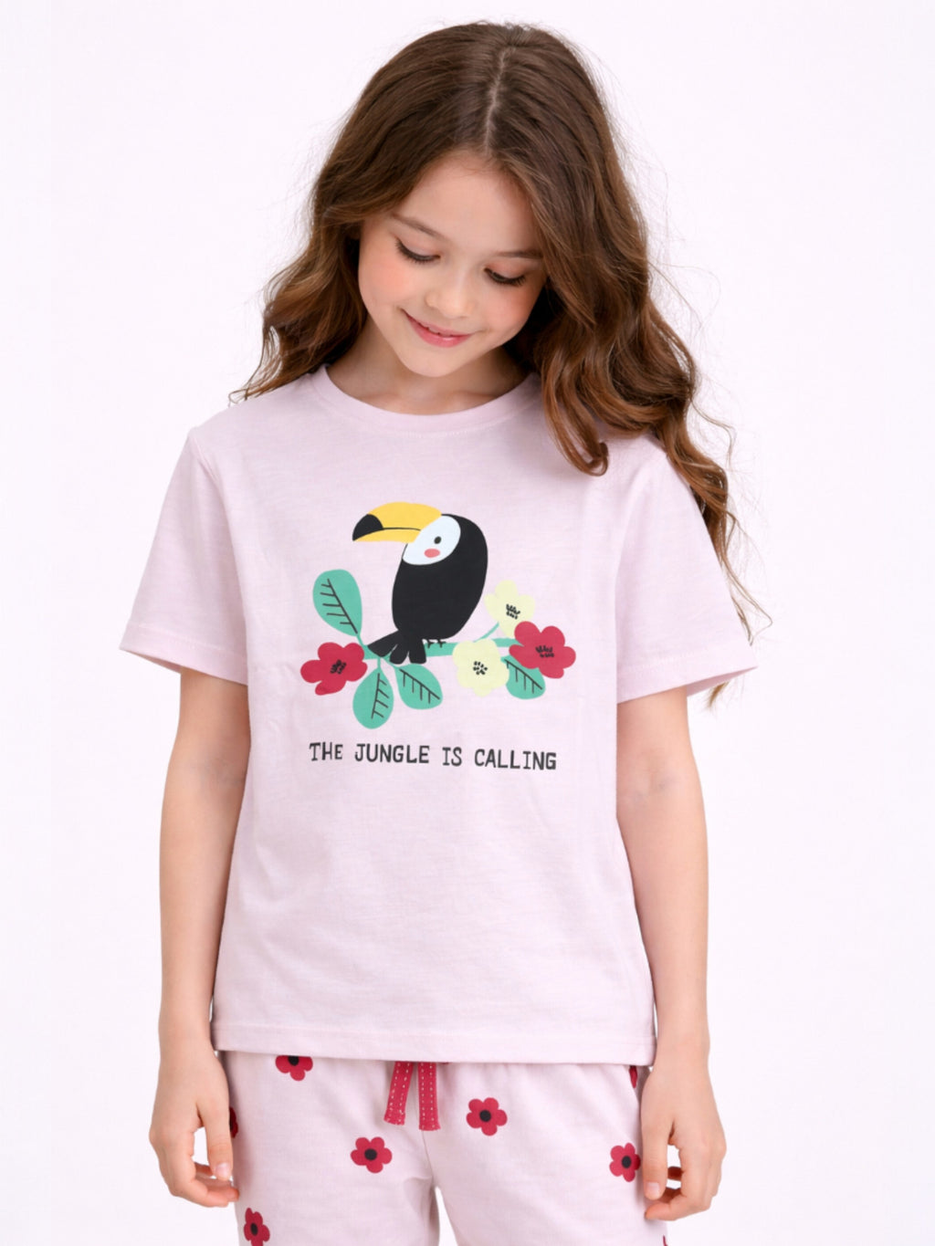 Girls’ Pajama Set “ Toucan Graphic T-Shirt & Heart Print Pants