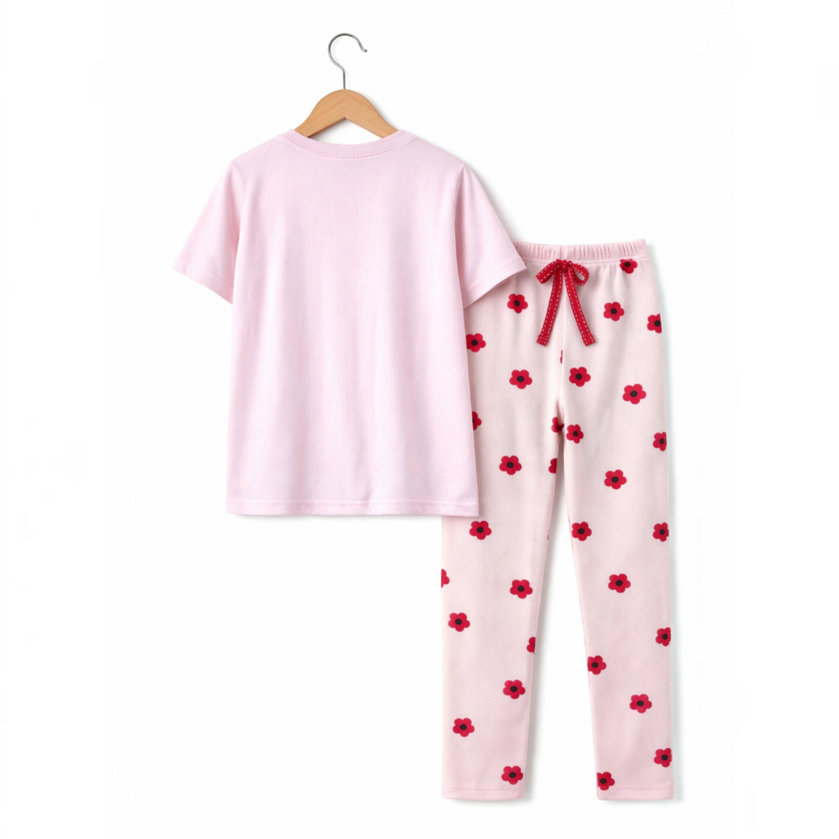 victor and jane girls pajama set with a plain light pink t-shirt and matching floral print leggings
