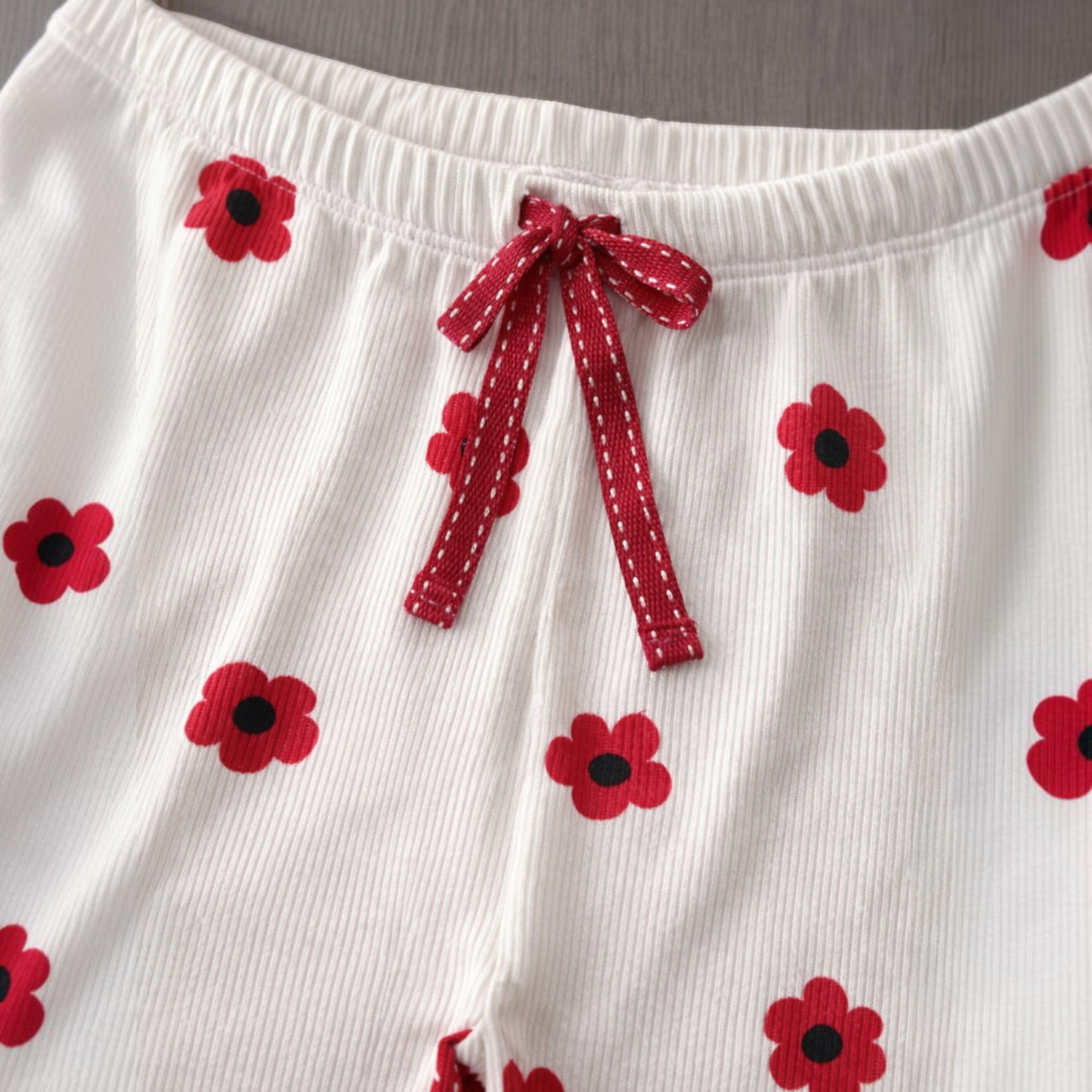 victor and jane girls white ribbed pajama pants with red floral print and a decorative red polka dot drawstring bow