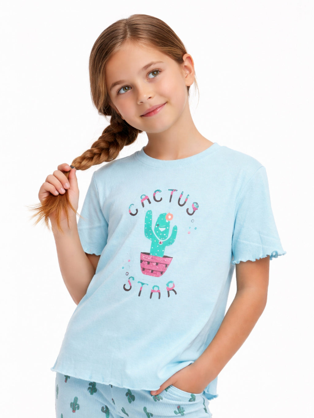 Girls’ Pajama Set “ Œcactus Star” Frill Sleeve Top & Printed Pants