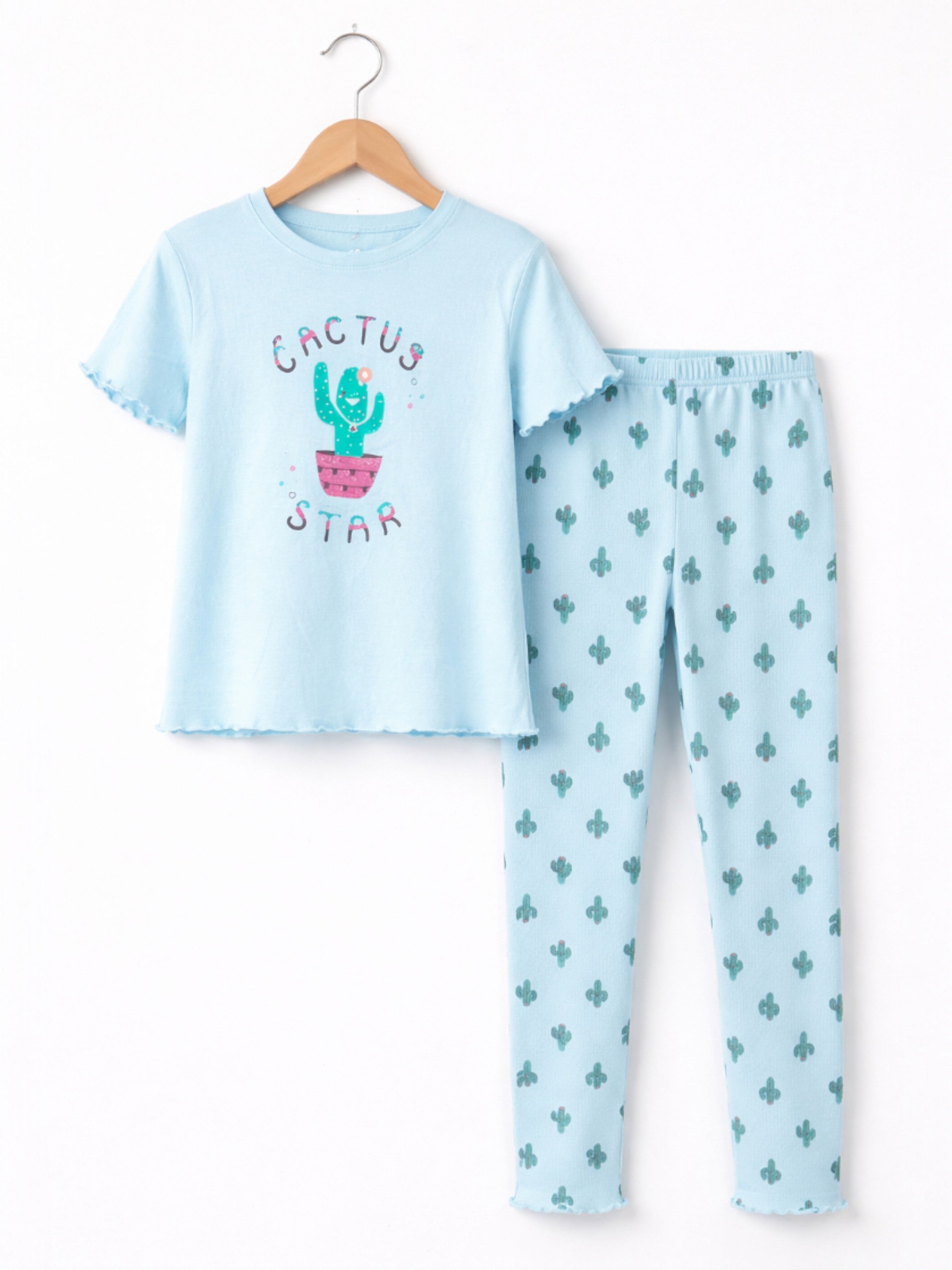 Girls’ Pajama Set “ Œcactus Star” Frill Sleeve Top & Printed Pants