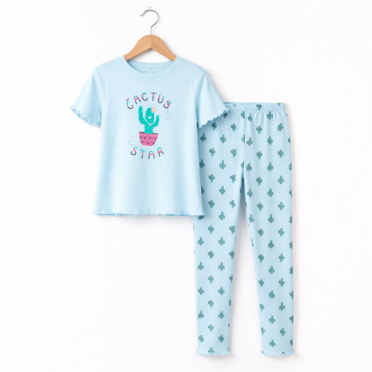 victor and jane girls light blue pyjama set with cactus print top and matching leggings with lettuce edge trim