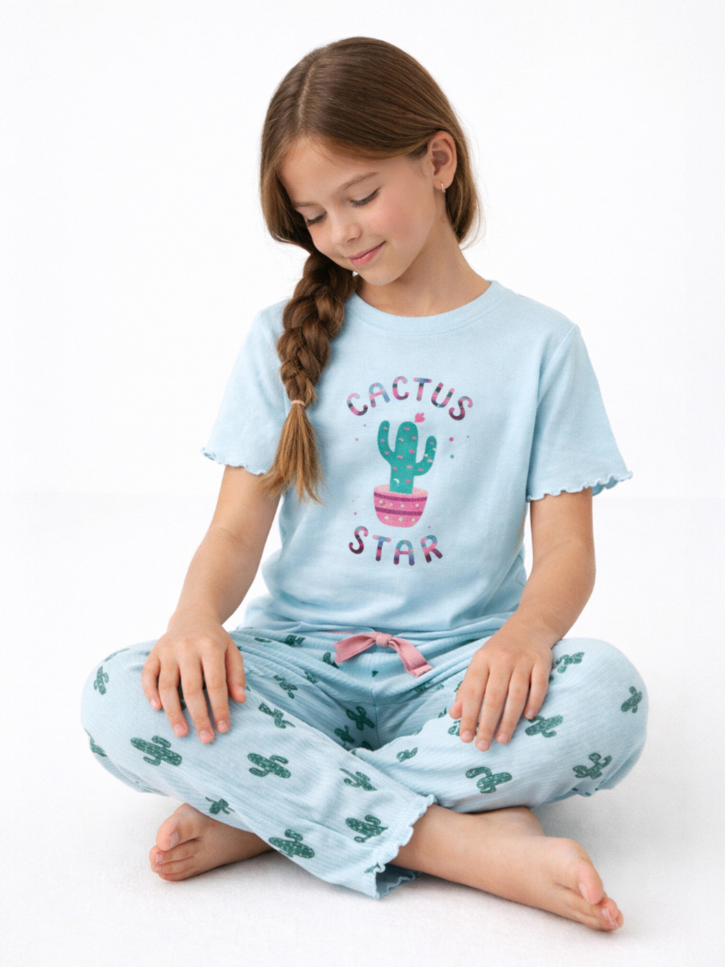 Girls’ Pajama Set “ Œcactus Star” Frill Sleeve Top & Printed Pants