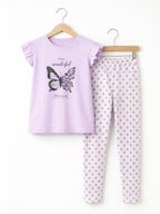 Girls’ Pajama Set “ Butterfly Graphic Frill Sleeve Top & Star Print Pants