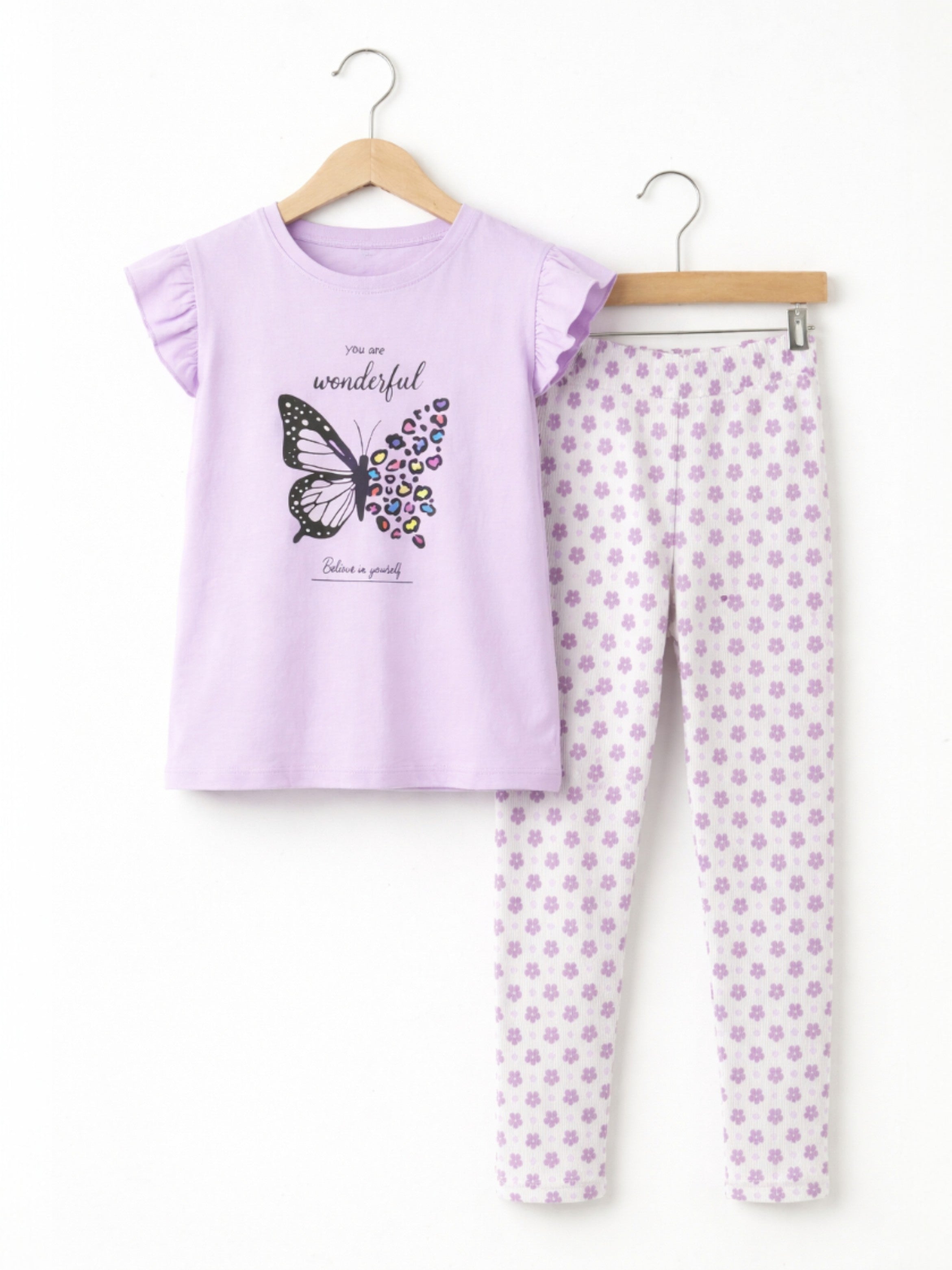 Girls’ Pajama Set “ Butterfly Graphic Frill Sleeve Top & Star Print Pants