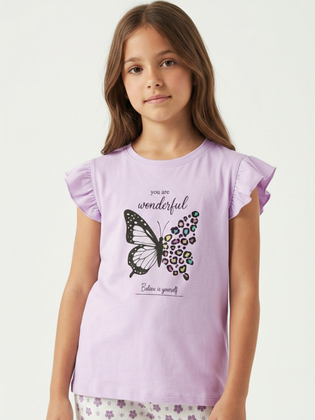 Girls’ Pajama Set “ Butterfly Graphic Frill Sleeve Top & Star Print Pants