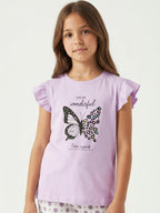 Girls’ Pajama Set “ Butterfly Graphic Frill Sleeve Top & Star Print Pants