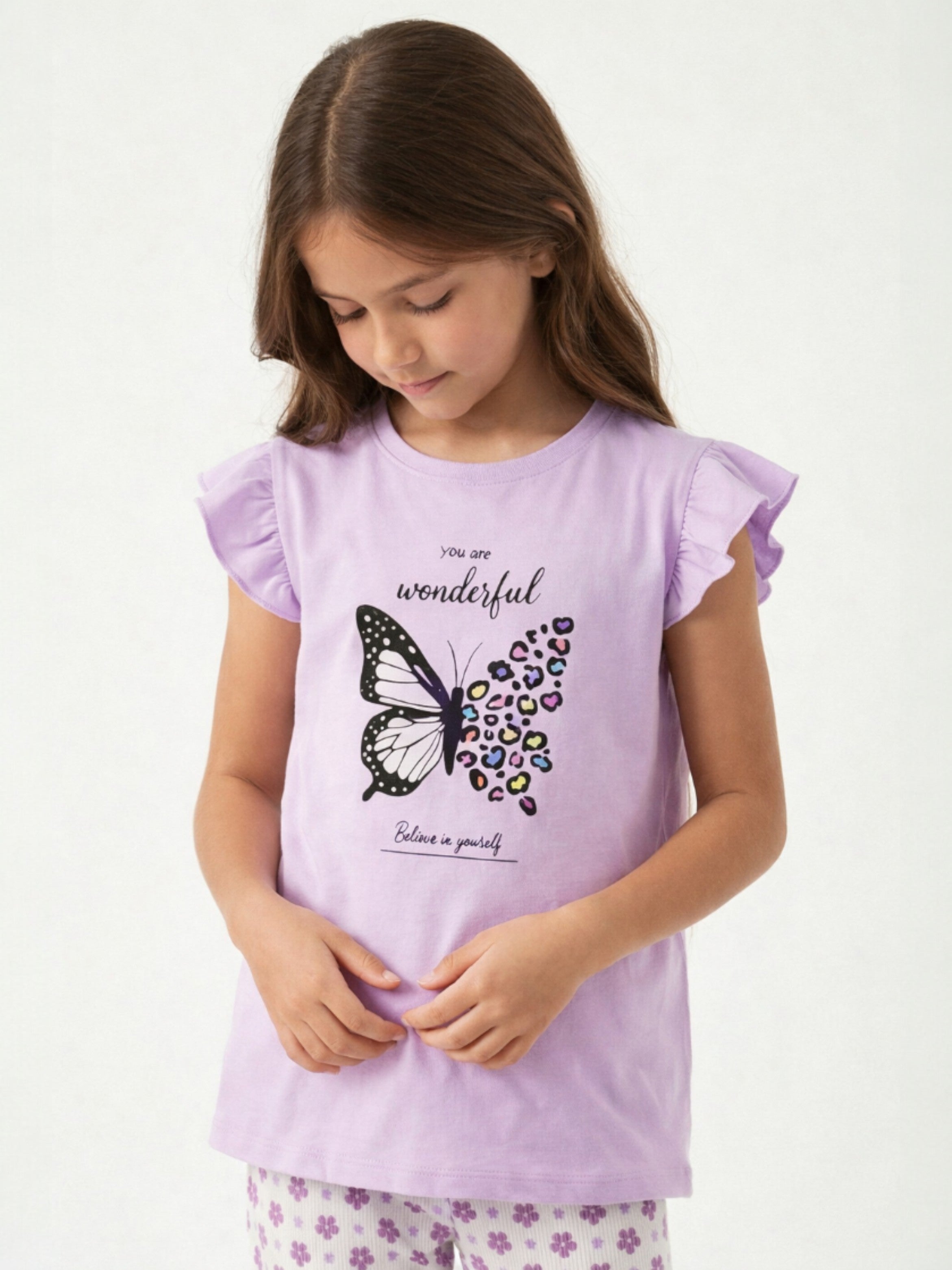 Girls’ Pajama Set “ Butterfly Graphic Frill Sleeve Top & Star Print Pants