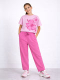 Girls 2 Pc Set Floral Print Top & Barrel Pants Set “ Light Pink & Pink