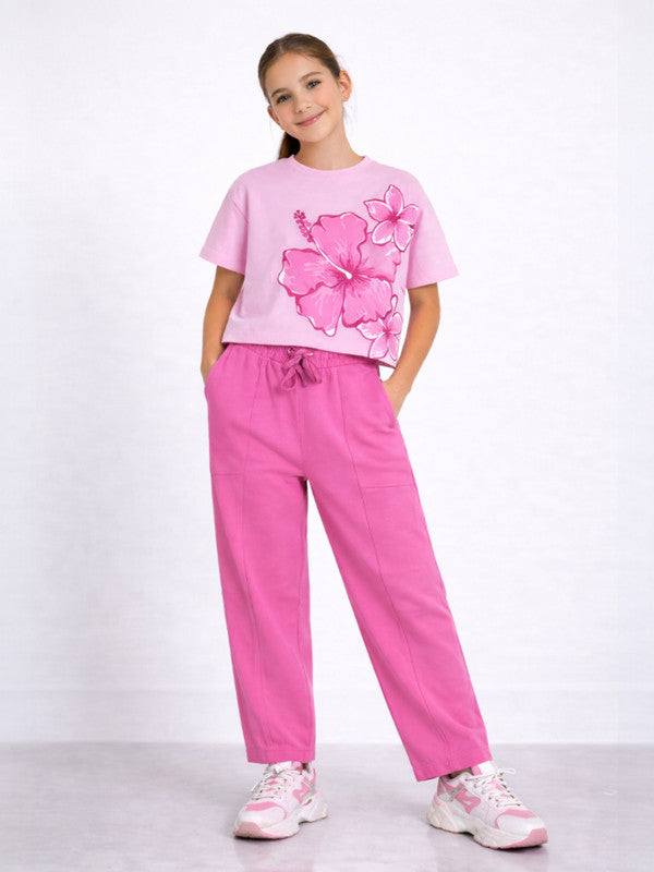 Girls 2 Pc Set Floral Print Top & Barrel Pants Set “ Light Pink & Pink