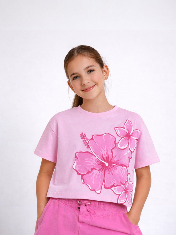 Girls 2 Pc Set Floral Print Top & Barrel Pants Set “ Light Pink & Pink