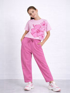 Girls 2 Pc Set Floral Print Top & Barrel Pants Set “ Light Pink & Pink