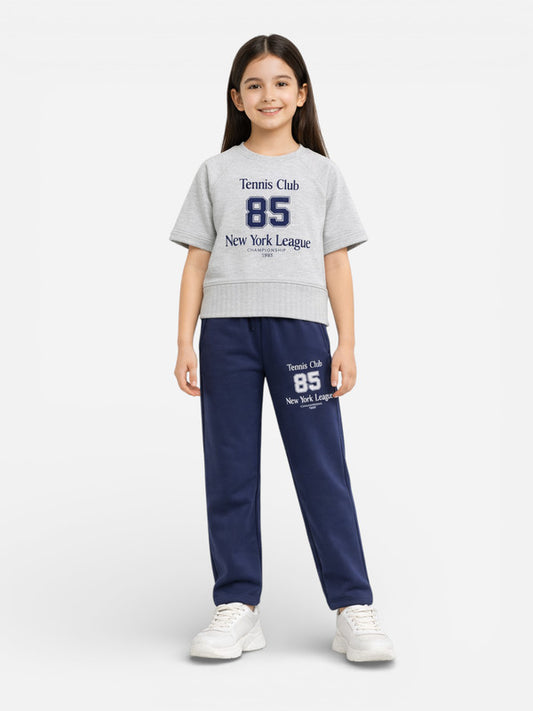 Girls 2 Pc Set Tennis Club Print T-Shirt & Pants Set – Grey & Navy