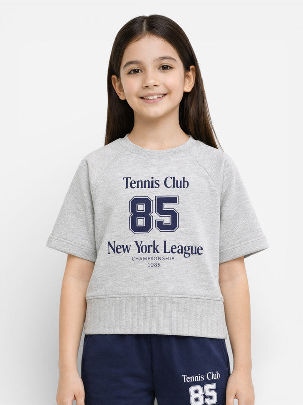 Girls 2 Pc Set Tennis Club Print T-Shirt & Pants Set “ Grey & Navy
