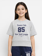 Girls 2 Pc Set Tennis Club Print T-Shirt & Pants Set “ Grey & Navy