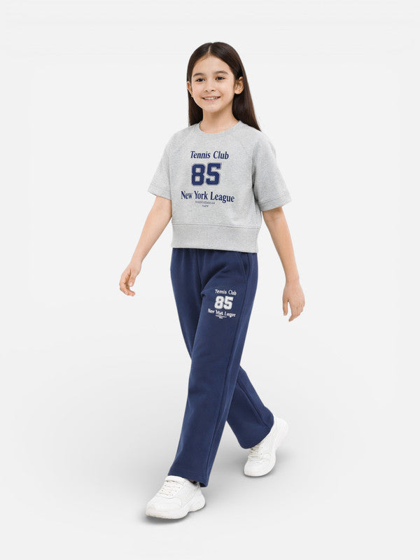 Girls 2 Pc Set Tennis Club Print T-Shirt & Pants Set “ Grey & Navy