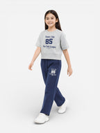 Girls 2 Pc Set Tennis Club Print T-Shirt & Pants Set “ Grey & Navy