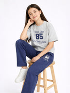 Girls 2 Pc Set Tennis Club Print T-Shirt & Pants Set “ Grey & Navy