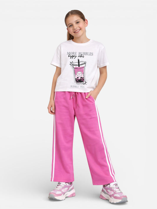 Girls 2 Pc Set Bubble Tea Print T-Shirt & Pants Set – White & Pink