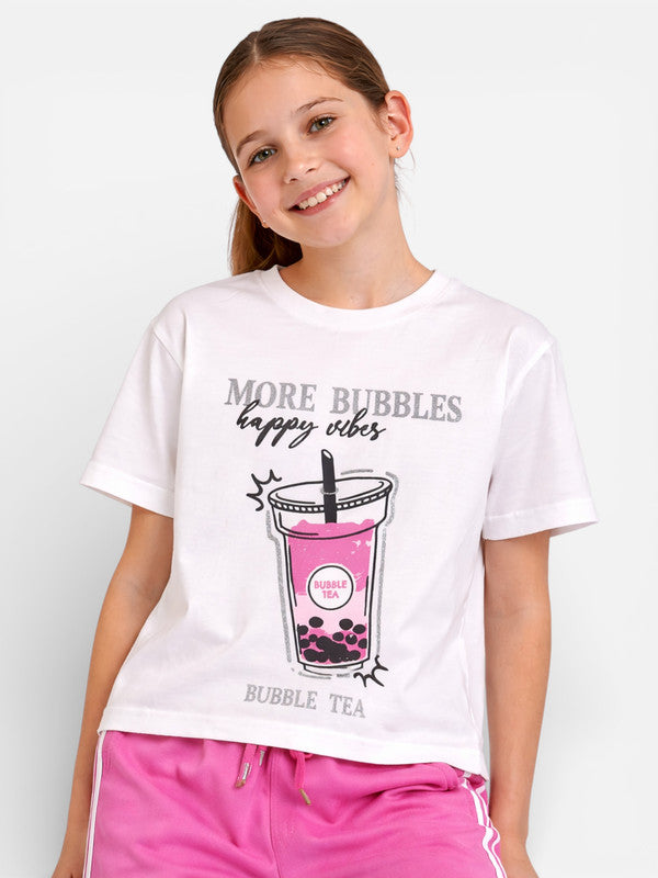 Girls 2 Pc Set Bubble Tea Print T-Shirt & Pants Set “ White & Pink
