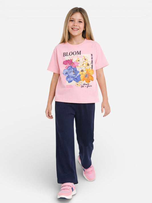 Girls Floral Print T-Shirt & Pants Set – Pink & Navy