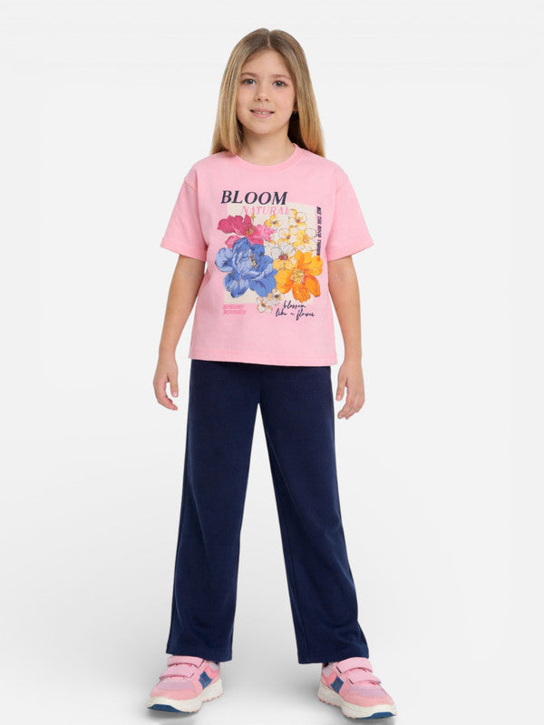 Girls Floral Print T-Shirt & Pants Set “ Pink & Navy